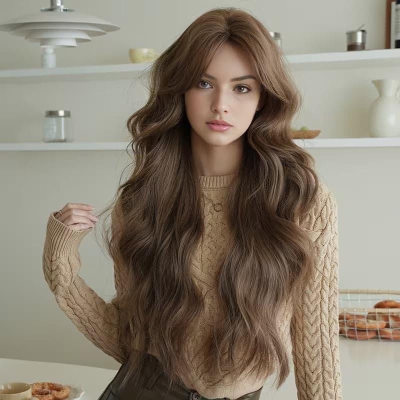 Amelia — дълга, вълнообразна, кафява, с бретон